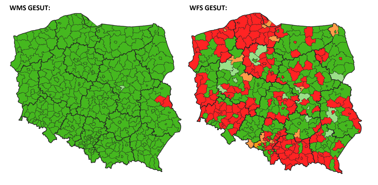 mapy prezentująca stan zgłoszonych usług WMS i WFS GESUT