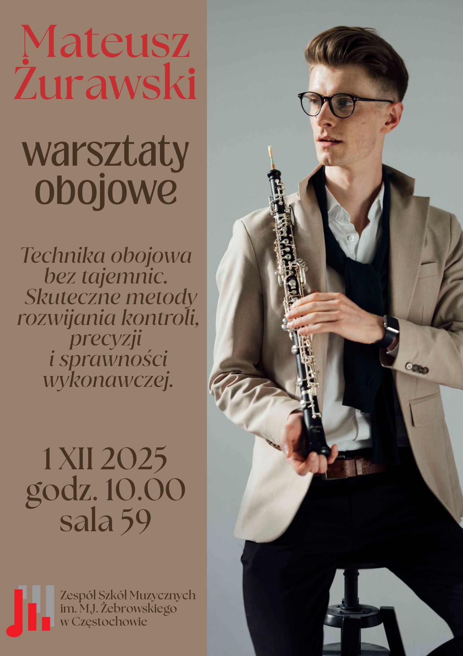Brązowo szare tło, po lewej logo szkoły, po prawej zdjęcie Mateusza Żurawskiego, tekst dotyczący warsztatów obojowych 1 grudnia od godz. 10.00