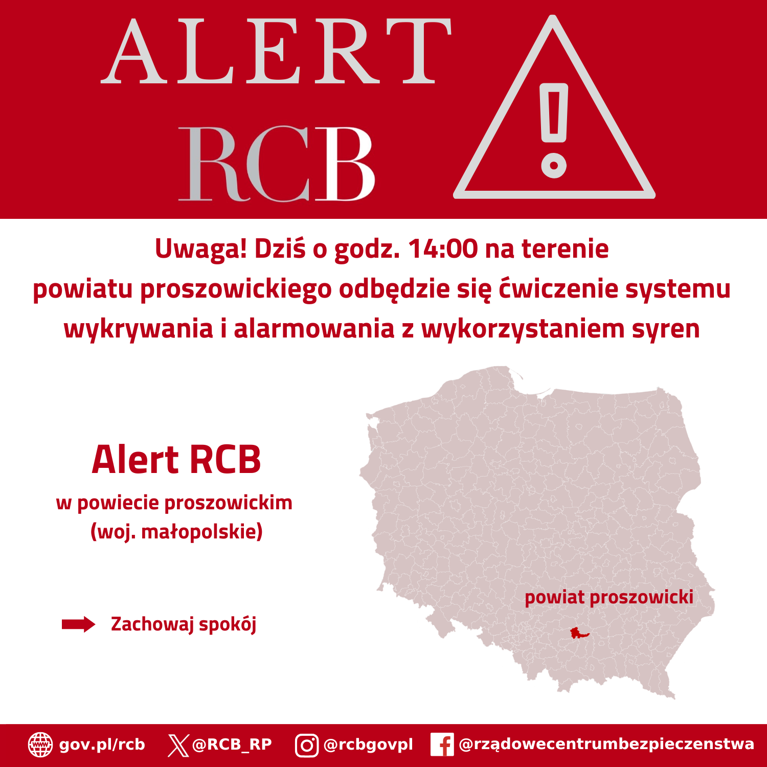 Uwaga! Dziś o godz. 14:00 na terenie powiatu proszowickiego odbędzie się ćwiczenie systemu wykrywania i alarmowania z wykorzystaniem syren. Zachowaj spokój.
