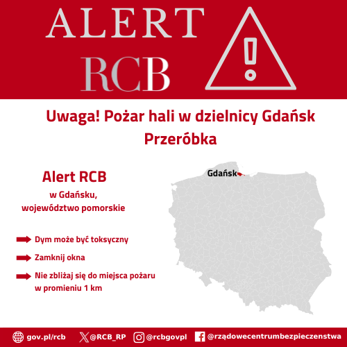Pożar zabytkowej hali w Gdańsku – Alert RCB. Kolorem czerwonym zaznaczony jest obszar alarmowania. 