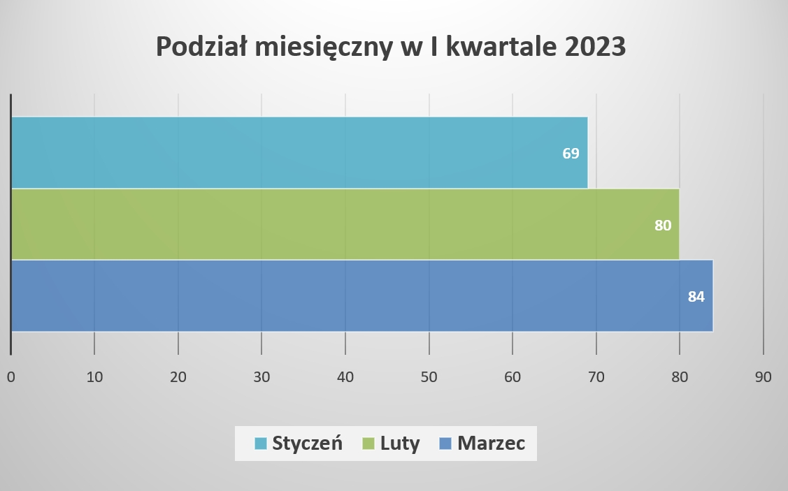 Statystyka podziału miesięcznego wyjazdów w I kwartale 2023 r.