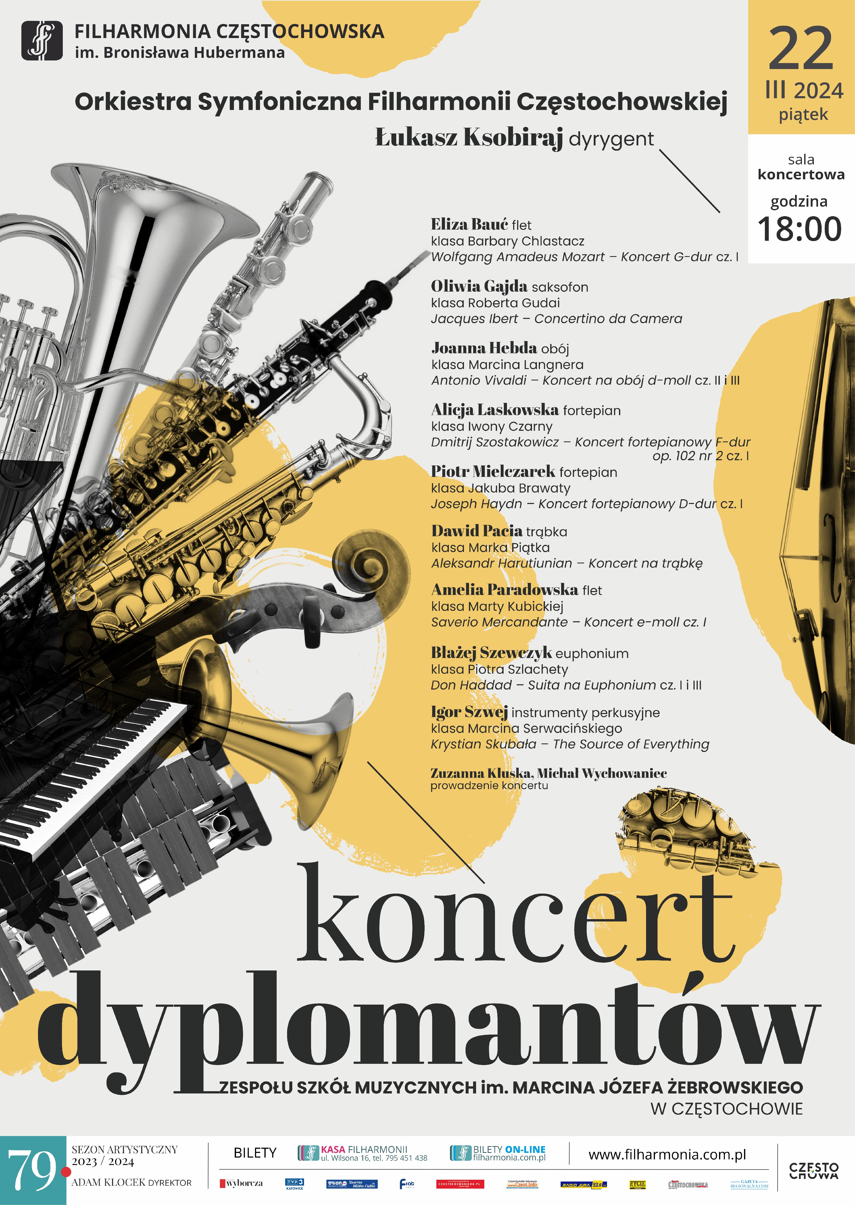 Kremowe tło, po lewej zdjęcia instrumentów, informacje dotyczące koncertu dyplomantów w filharmonii częstochowskiej