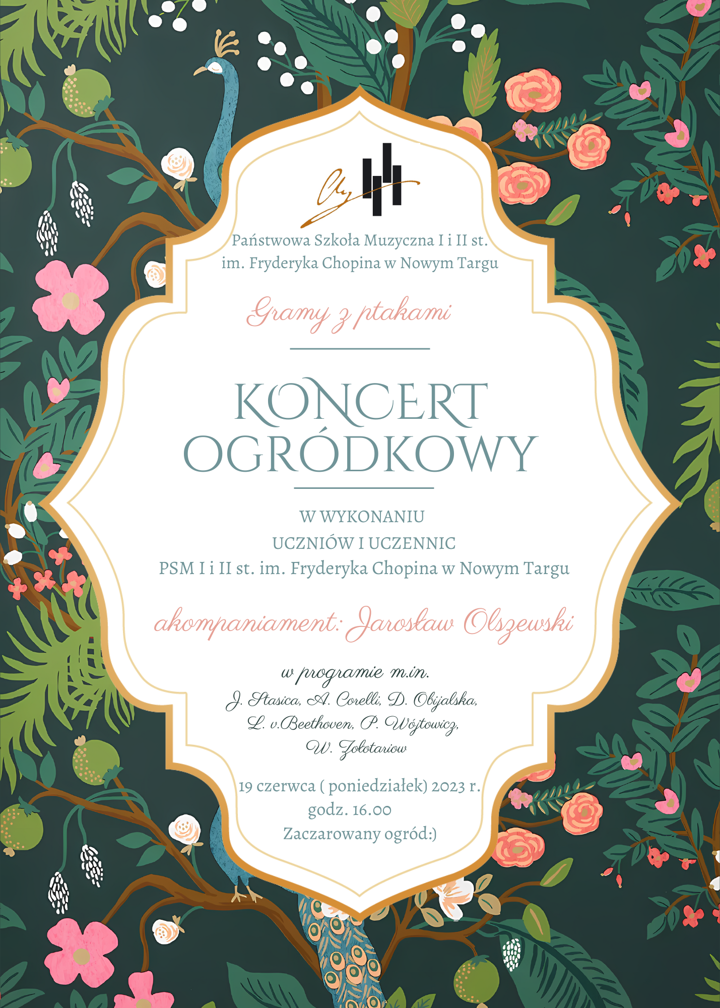 Tło plakatu to ciemna zieleń, na której rozrzucone są kolorowe, kwiaty krzewy. Środek plakatu jest w kształcie herbu w białym kolorze, na którym zamieszczone są informacje o koncercie. Na samej górze logo szkoły, pod nim pełna nazwa szkoły, następnie nazwa koncertu i kto w nim występuje. Później dane akompaniatora, program koncertu, na samym dole data, godzina oraz miejsce wydarzenia.