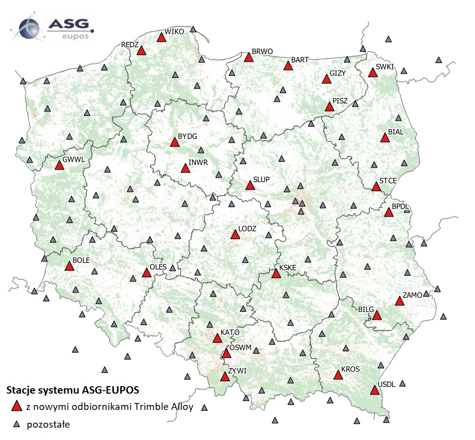 Mapa przedstawiajaca stacje ASG-EUPOS z zamontowanymi nowymi odbiornikami Trimble Alloy
