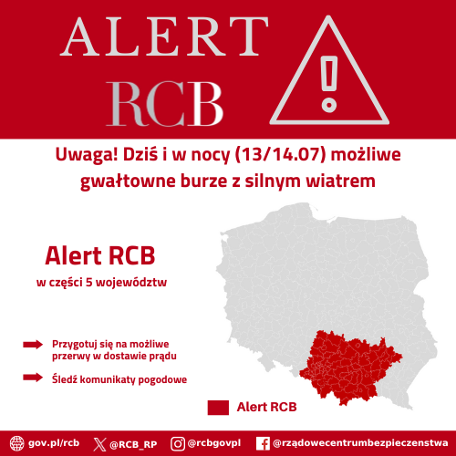 "Uwaga! Dziś i w nocy (13/14.07) możliwe gwałtowne burze z silnym wiatrem. Przygotuj się na możliwe przerwy w dostawie prądu. Śledź komunikaty pogodowe".