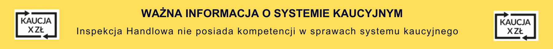 Baner informacyjny mówiący o systemie kaucyjnym gdzie na żółtym tle widnieje napis Inspekcja Handlowa nie posiada kompetencji w sprawach systemu kacyjnego. Po lewej i prawej stronie logo na białym tle: Kaucja Xzł