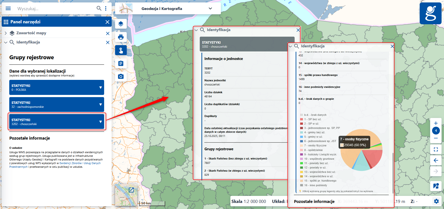 Ilustracja przedstawia warstwę "Statystyki" z metadanymi i wizualizacjami w postaci wykresów
