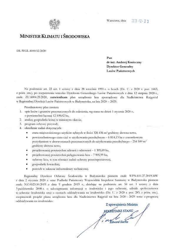 Decyzja ministra zatwierdzająca Plan Urządzania Lasu Nadleśnictwa Rajgród