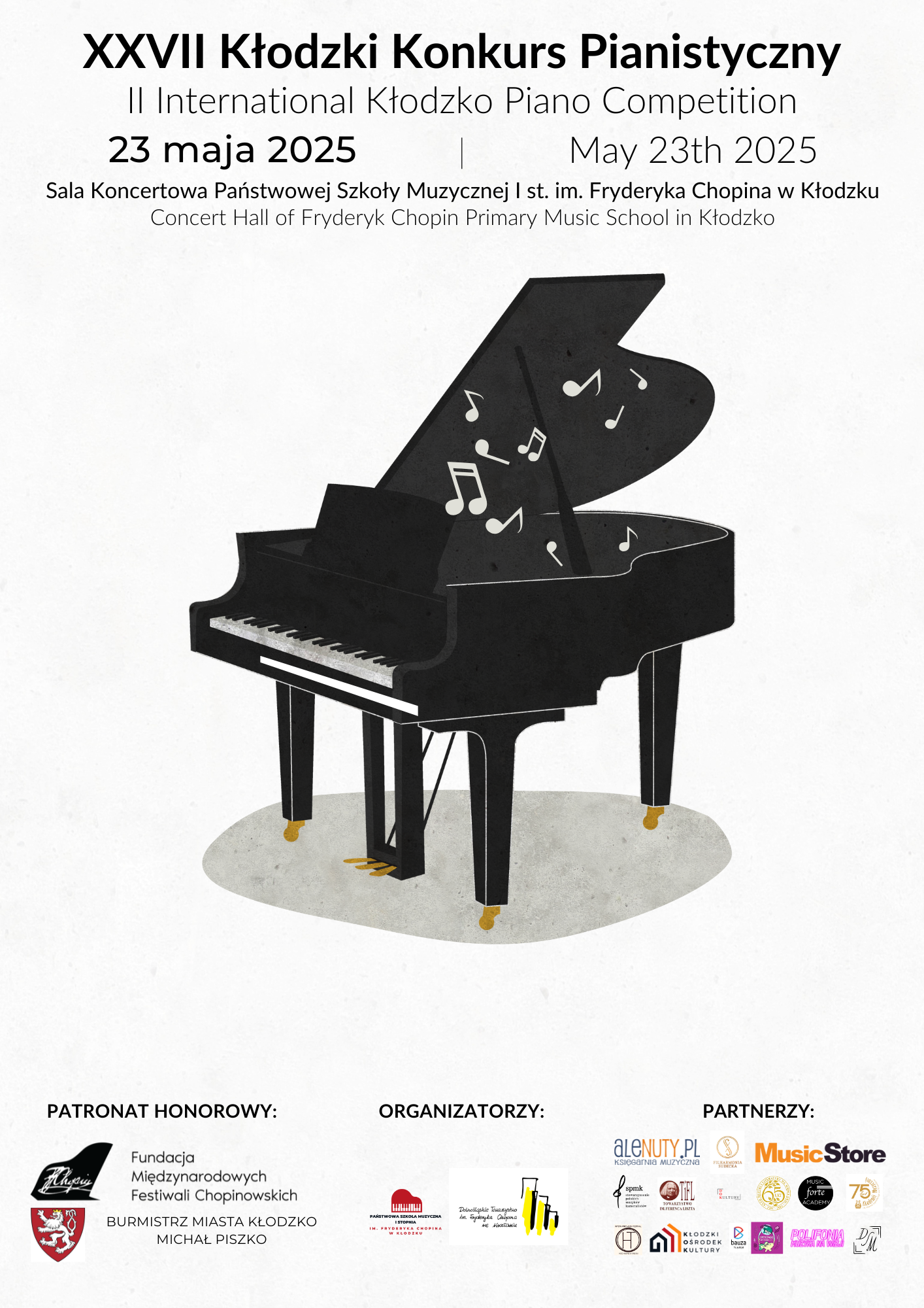 Plakat na białym z tle z grafiką fortepianu wraz z szczegółową informacją tekstową dotyczącą XXVII Kłodzkiego Konkurs Pianistycznego, który odbędzie się 23 maja 2025 w PSM I st. w Kłodzku