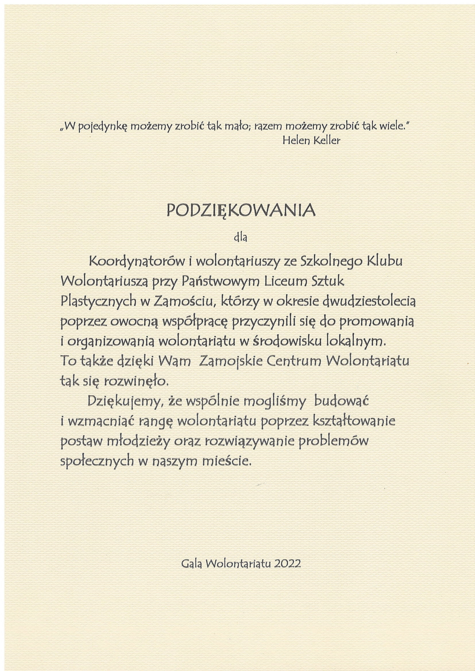 dyplom, na kremowym tle podziękowanie z gali wolontariatu 2022 