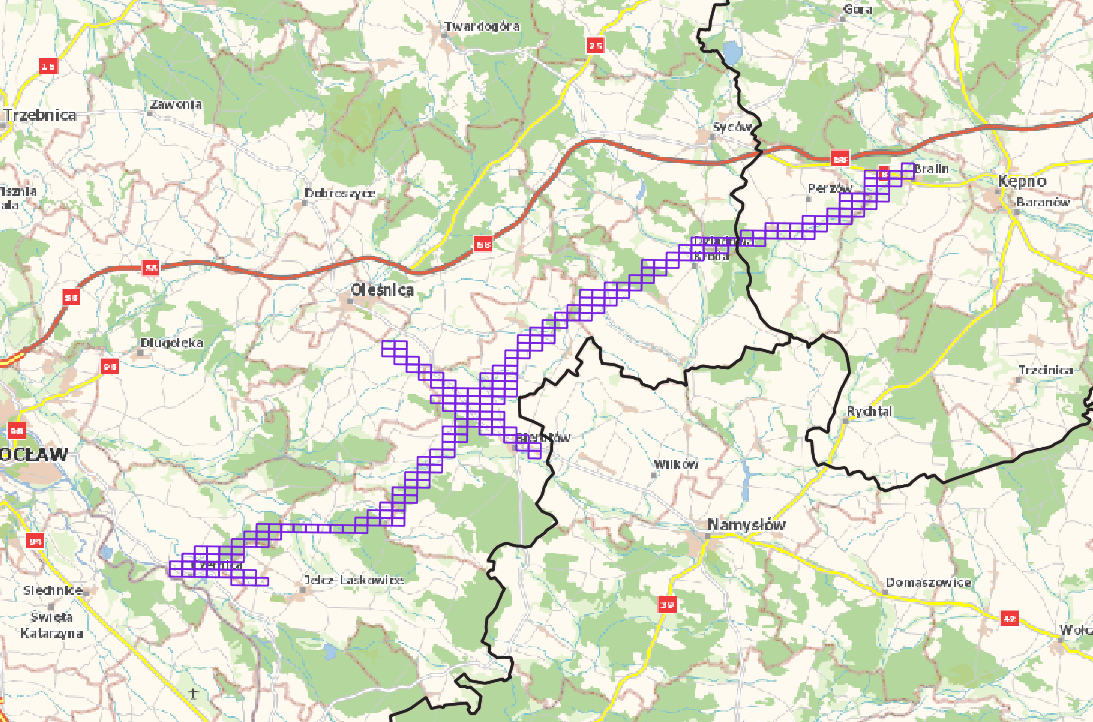 Ilustracja przedstawia zrzut ekranu z zasięgiem nowo przyjętych danych dla linii kolejowej nr 86 Bralin – Czernica – Wrocławska