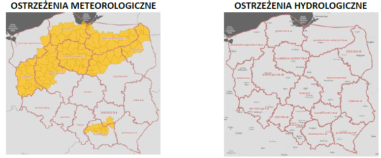 Ostrzeżenia meteorologiczne i hydrologiczne z podziałem na województwa - 17 grudnia 2025. Kolor czerwony dla ostrzeżeń 3 stopnia, pomarańczowy dla 2 stopnia, żółty dla 1 stopnia, szary dla suszy, biały brak ostrzeżeń. 
