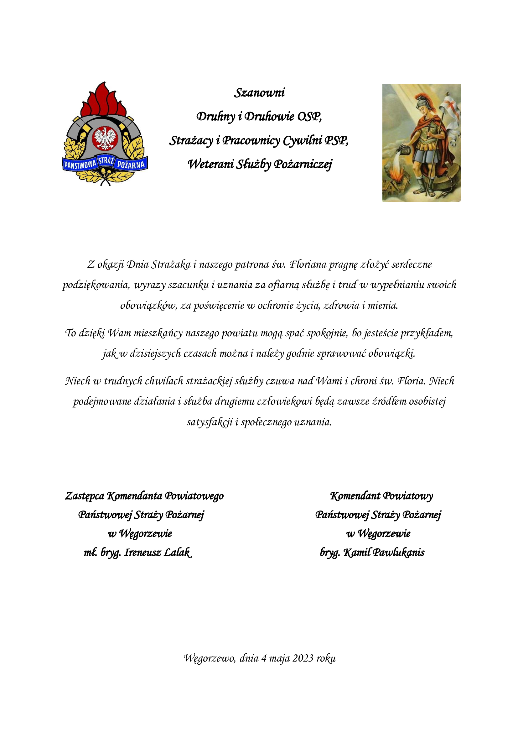 Życzenia Komendanta Powiatowego PSP z okazji Dnia Strażaka