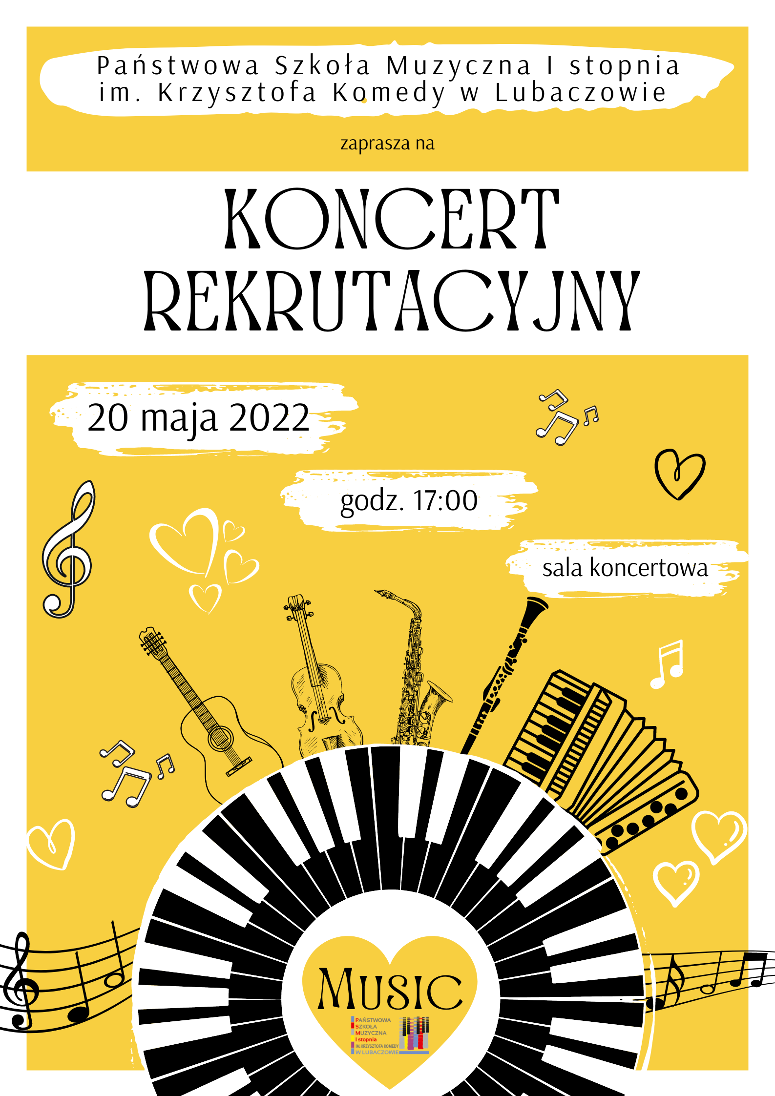 Plakatu koncertu rekrutacyjnego na żółtym tle z ikonografiami instrumentów muzycznych - 20 maja 2022 r. - g0dz.17.00 - Sala Koncertowa