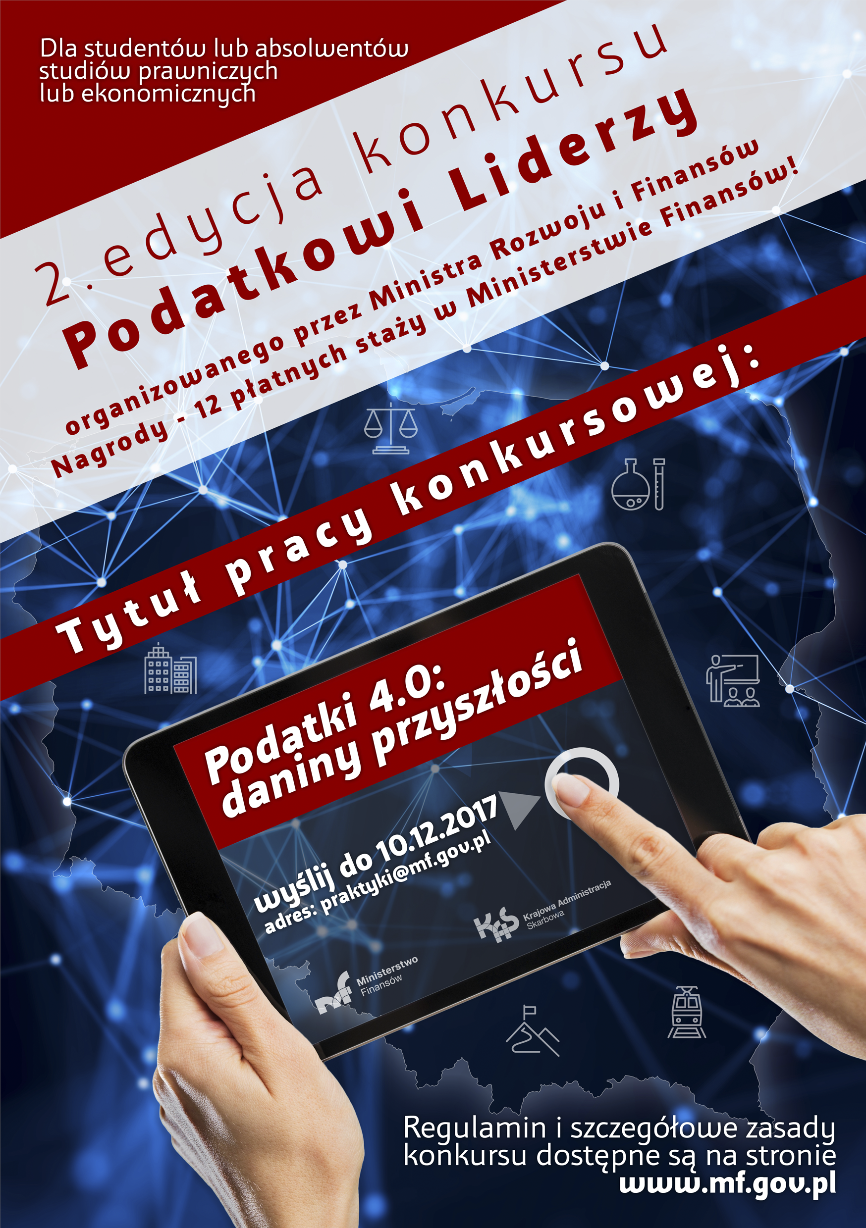 Plakat 2 edycji konkursu z podstawowymi informacjami o konkursie, grafika: tablet z tematem pracy, palec klika na "wyślij"