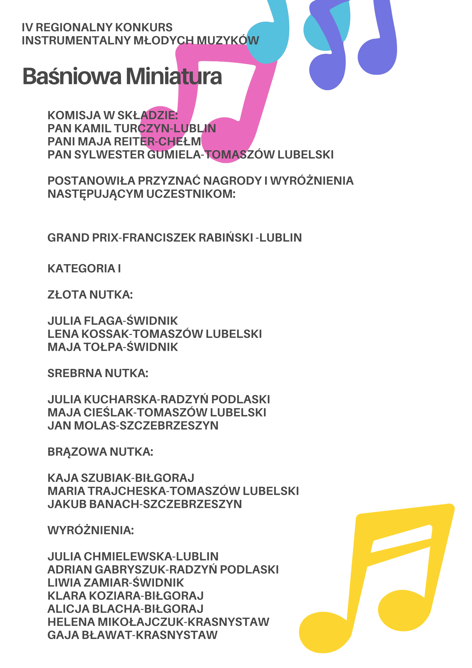 na białym tle informacje dotyczące wyników konkursu napisane czarnymi literami, na górze oraz na dole kolorowe nutki