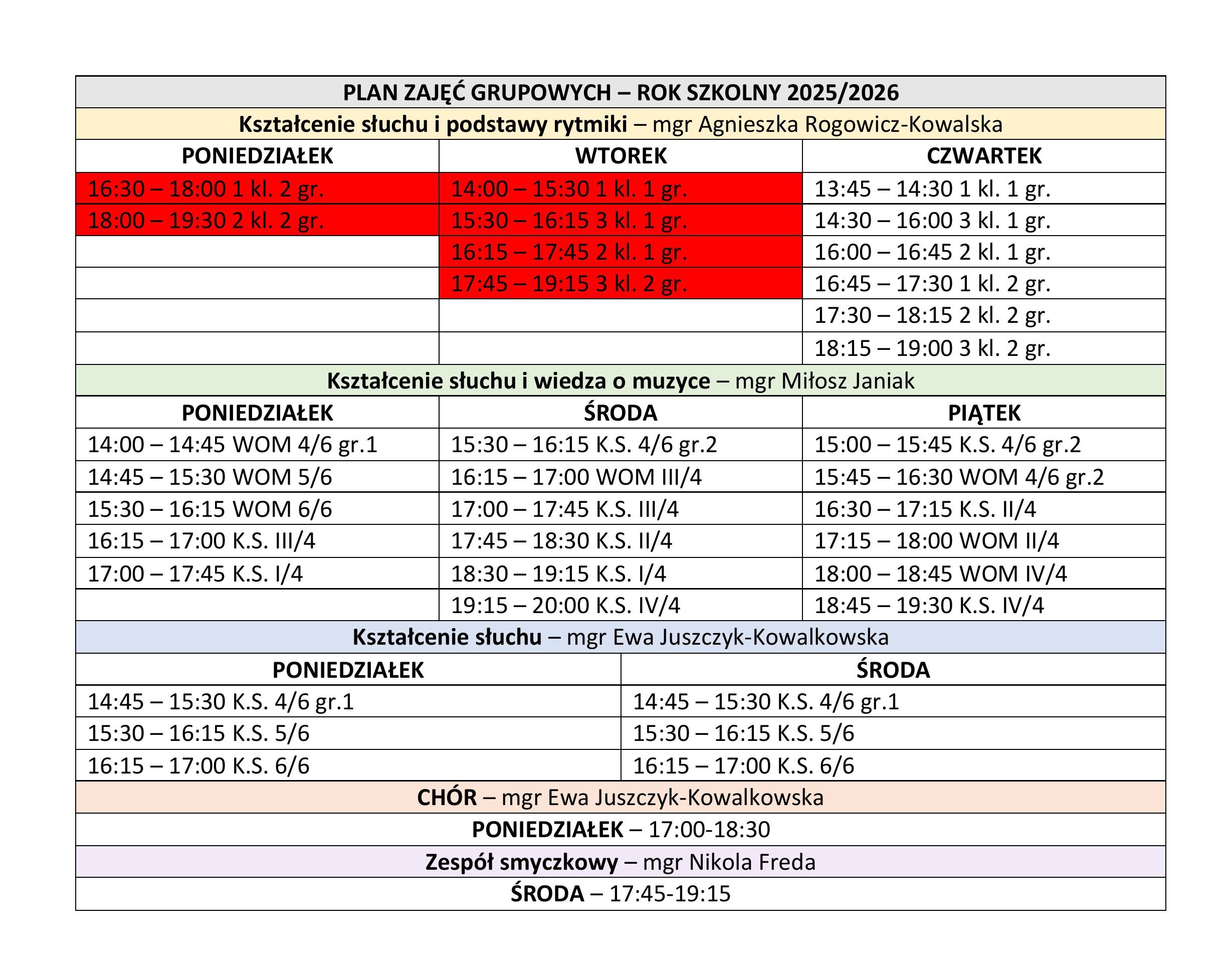 Tabela z planem lekcji - godziny, nazwy zajęć i nazwiska nauczycieli.