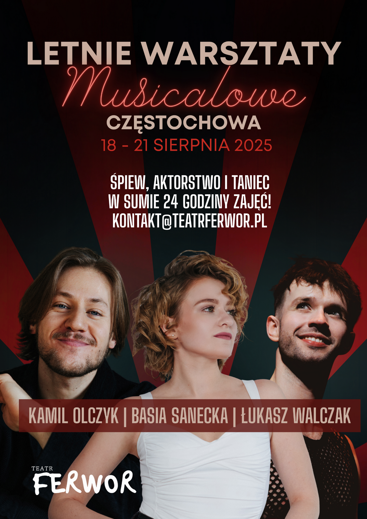 Zdjęcie członków TARTU FERWOR, tekst dotyczący letnich warsztatów musicalowych 18-21.08.2025 w ZSM w Częstochowie