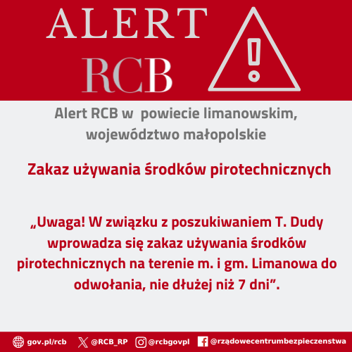Alert RCB - 29 czerwca. Zakaz używania środków pirotechnicznych w gminie Limanowa. 