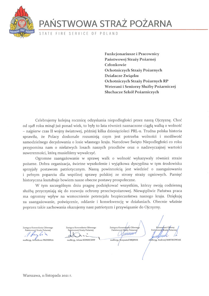 List Komendanta Głównego PSP z okazji Narodowego Święta Niepodległości