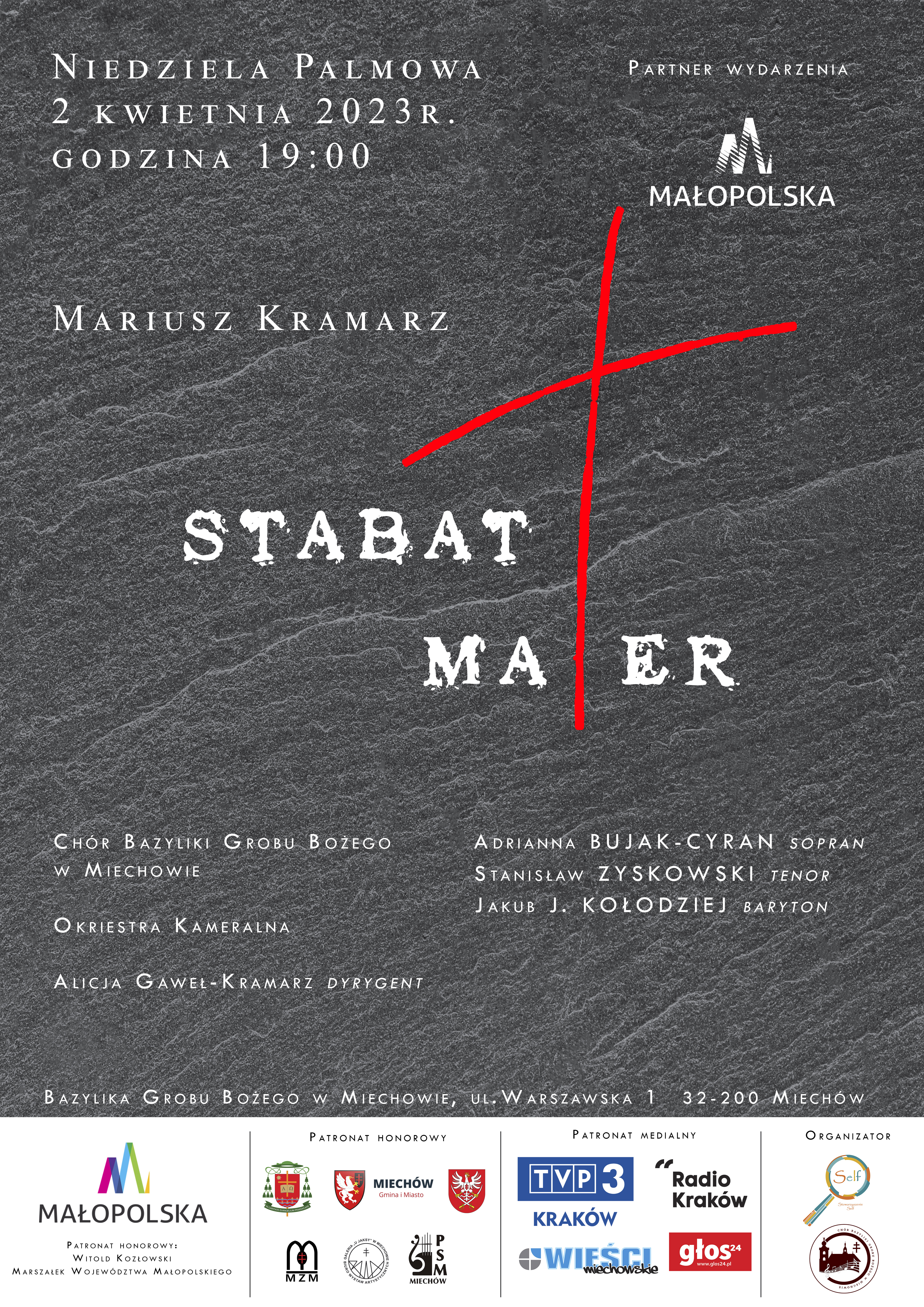 Na ciemnym tle znajdują się informacje odnośnie koncertu pasyjnego "Stabat Mater"