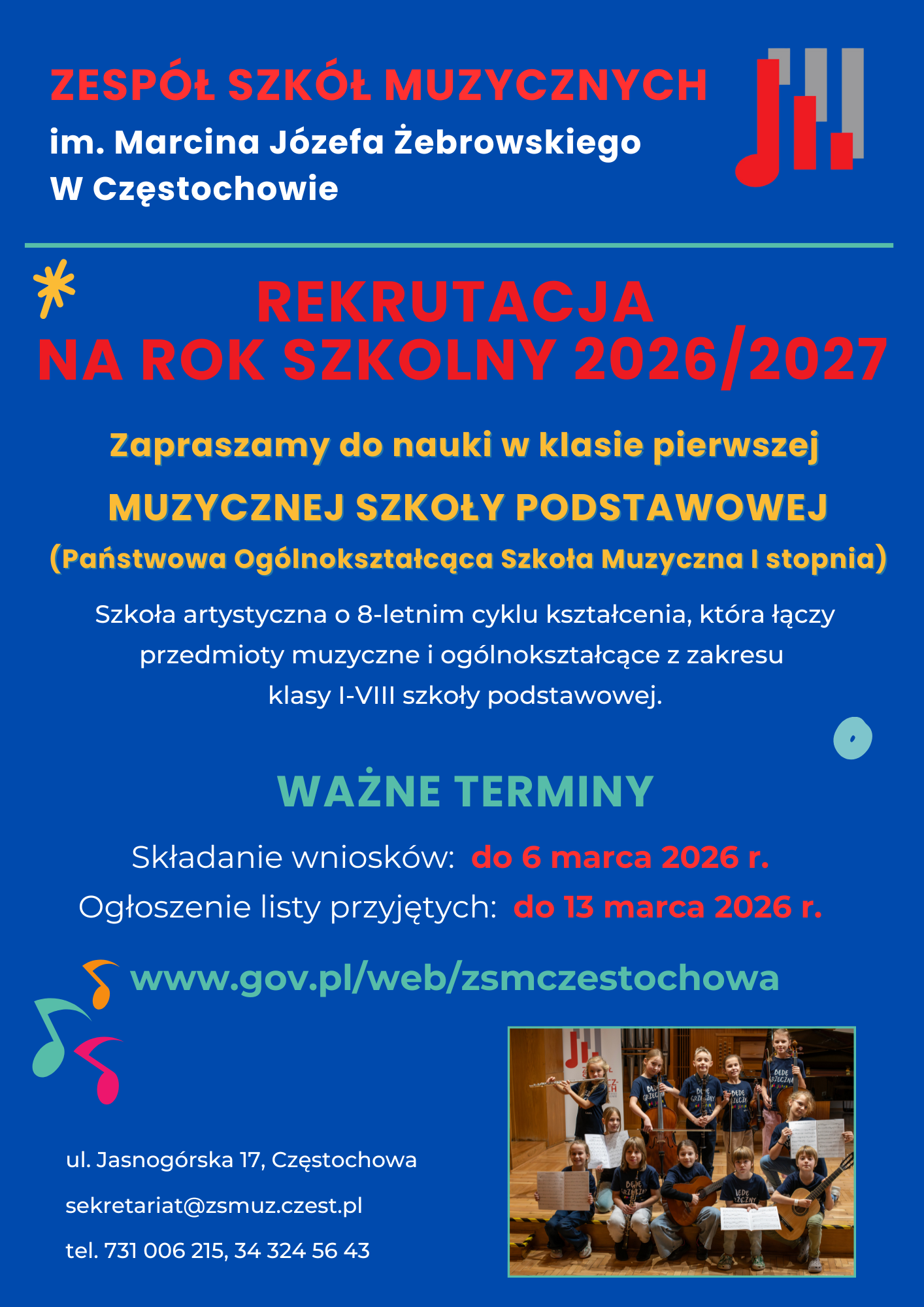 Granatowe tło, zdjęcie uczniów z instrumentami, tekst dotyczący rekrutacji do kl. I POSM I st.