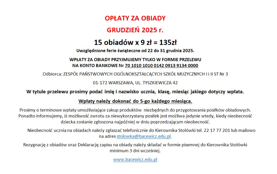 Opłaty za obiady w miesiącu listopad 2025