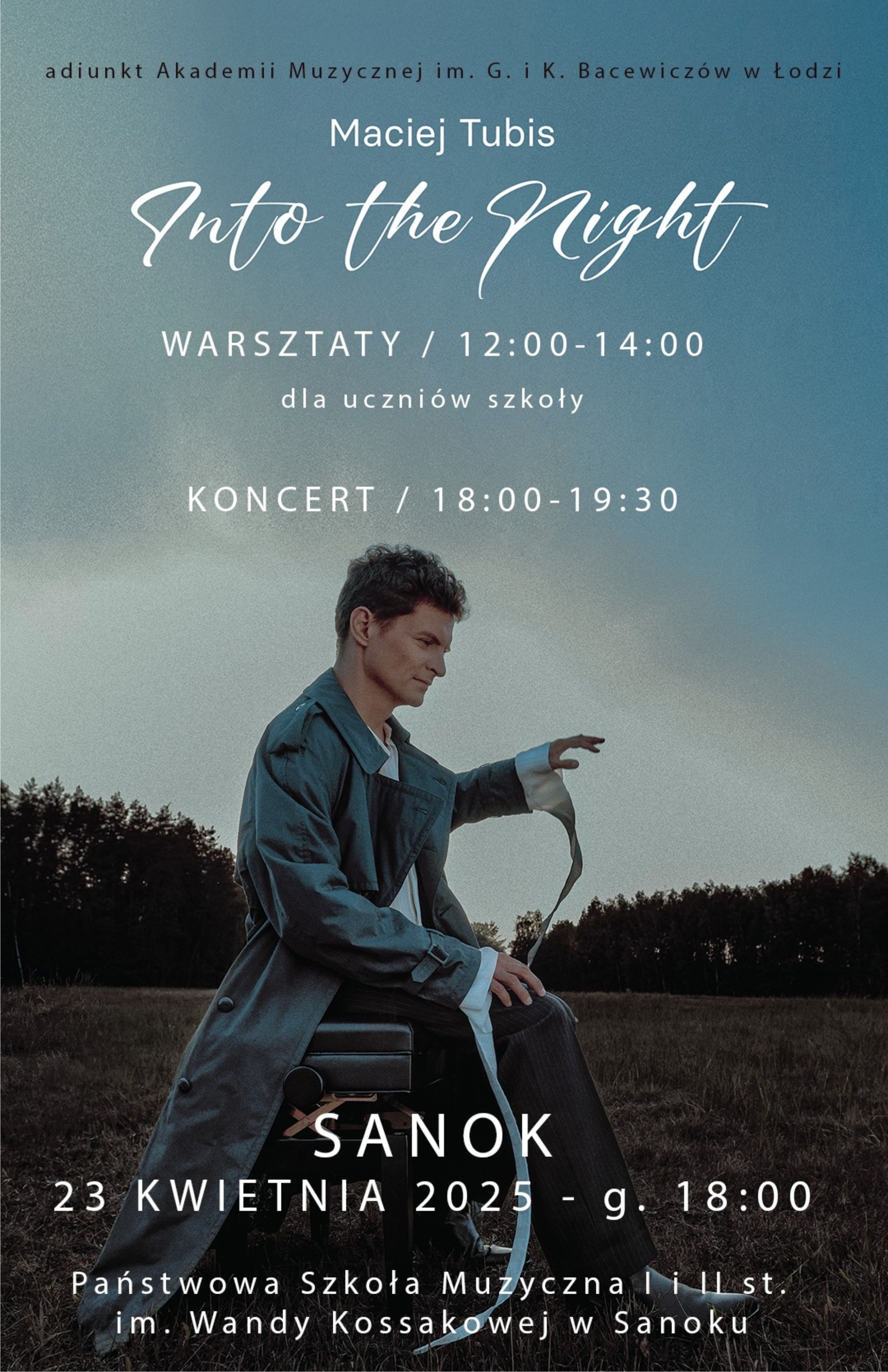 Plakat koncertu i warsztatów Maciej Tubis. W tle zdjęcie artysty