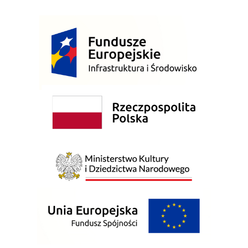 Cztery logotypy ułożone pionowo : Fundusze Europejskie Infrastruktura i Środowisko, Rzeczpospolita Polska, Ministerstwo Kultury i Dziedzictwa Narodowego, Unia Europejska Fundusz Spójności