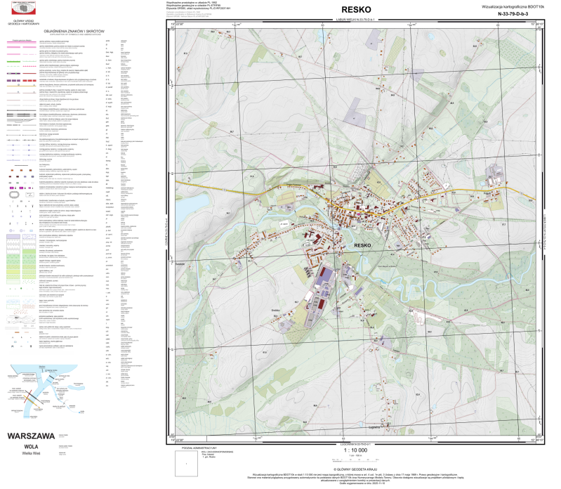 Ilustracja przedstawia zrzut ekranu z przykładową wizualizacją kartograficzną BDOT10k w skali 1:10 000 dla Reska.