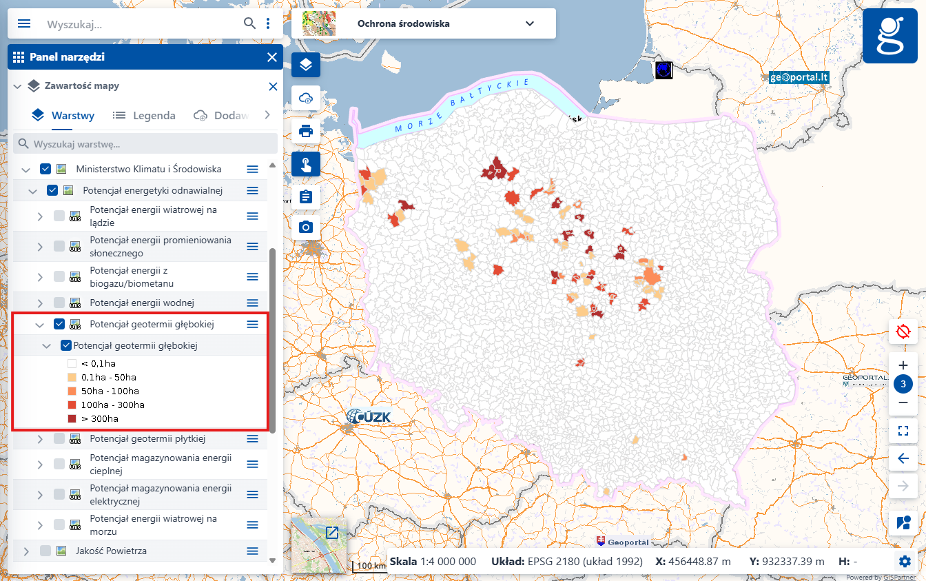 Zrzut ekranu z serwisu www.geoportal.gov.pl, prezentujący nową usługę „Potencjał geotermii głębokiej”