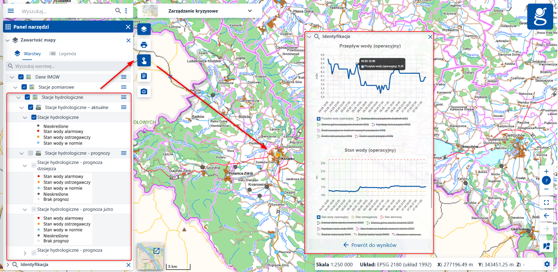 Zrzut ekranu z serwisu www.geoportal.gov.pl przedstawiający moduł Zarządzanie kryzysowe z włączoną warstwą - Dane IMGW – Stacje pomiarowe – Stacje hydrologiczne – aktualne - Identyfikacja, z rozwiniętym wykresem przepływ wody, stan wody