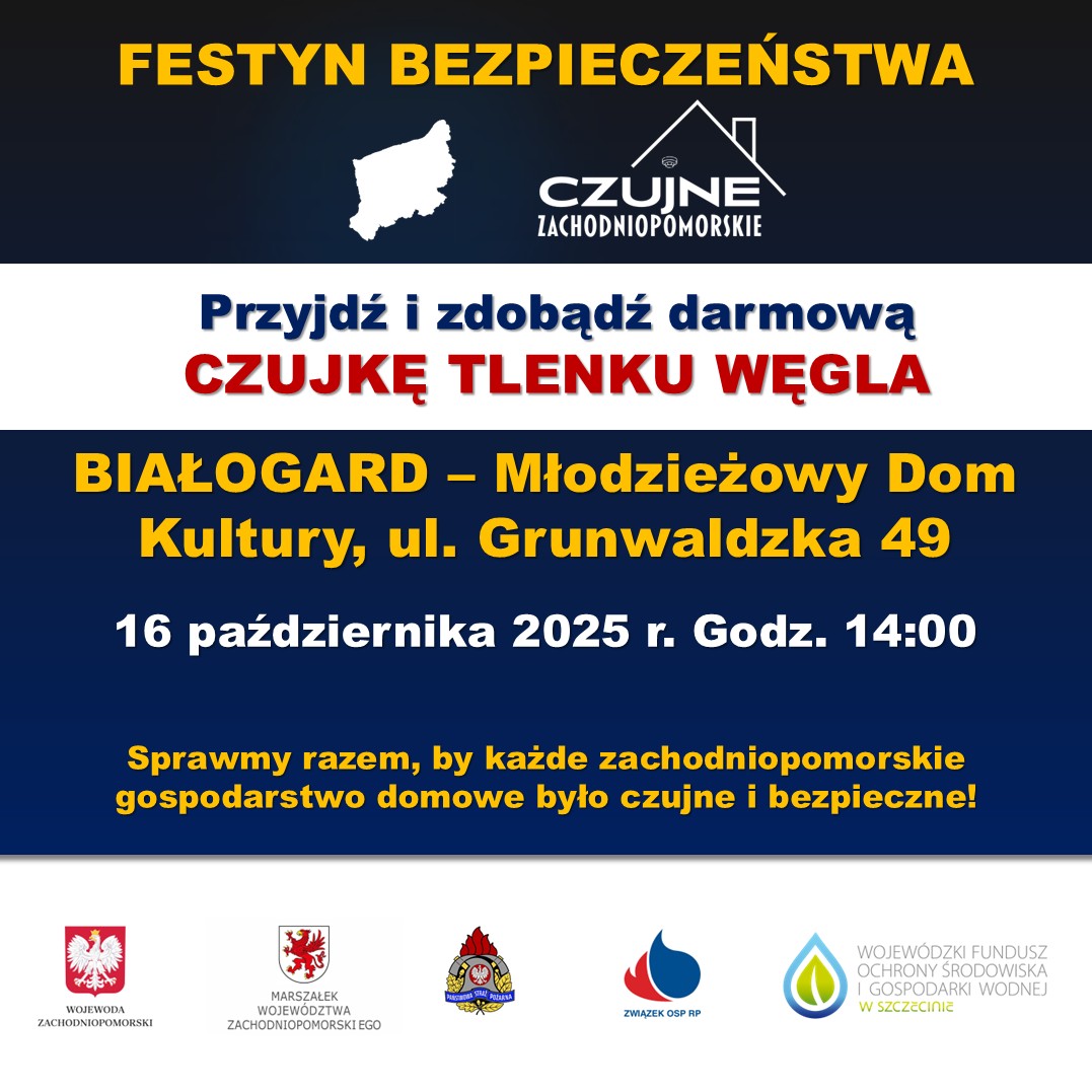 Plakat promuje Festyn Bezpieczeństwa organizowany w ramach programu Czujne Zachodniopomorskie. Wydarzenie odbędzie się 16 października 2025 r. o godzinie 14:00 w Młodzieżowym Domu Kultury w Białogardzie przy ul. Grunwaldzkiej 49. Uczestnicy będą mogli otrzymać darmową czujkę tlenku węgla oraz zapoznać się z działaniami na rzecz bezpieczeństwa przeciwpożarowego. Celem akcji jest zwiększenie świadomości mieszkańców i zapewnienie, by każde zachodniopomorskie gospodarstwo domowe było czujne i bezpieczne. Na dole plakatu umieszczono logotypy organizatorów i partnerów, w tym Wojewody Zachodniopomorskiego, Marszałka Województwa, PSP, ZOSP RP oraz WFOŚiGW w Szczecinie.
