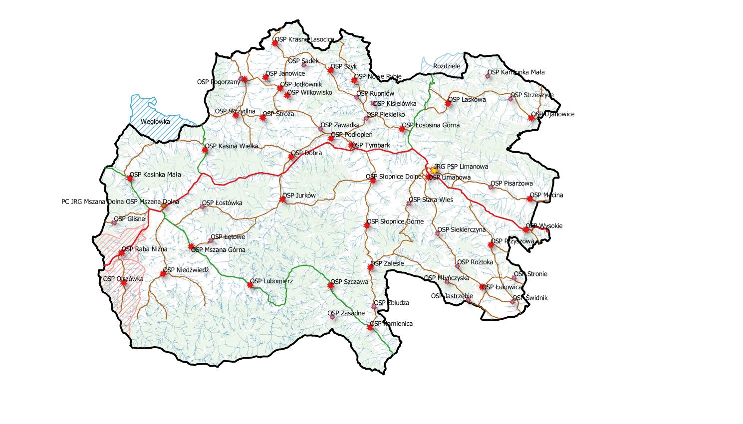 Lokalizacja jednostek ochrony przeciwpożarowej na terenie powiatu (kolorem czerwonym zaznaczono podmioty KSRG)