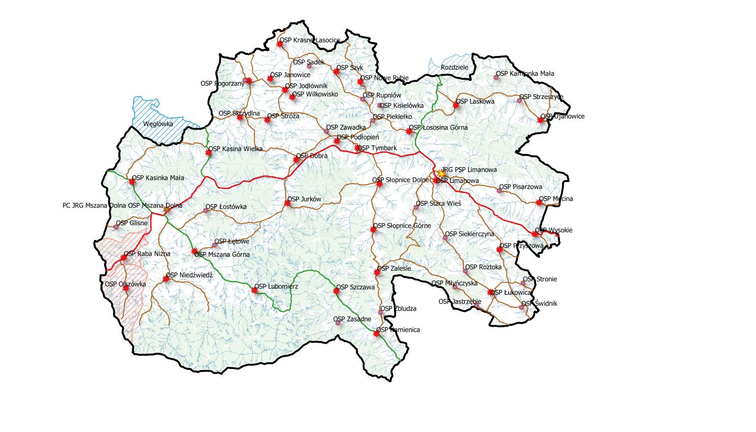 Lokalizacja jednostek ochrony przeciwpożarowej na terenie powiatu (kolorem czerwonym zaznaczono podmioty KSRG)