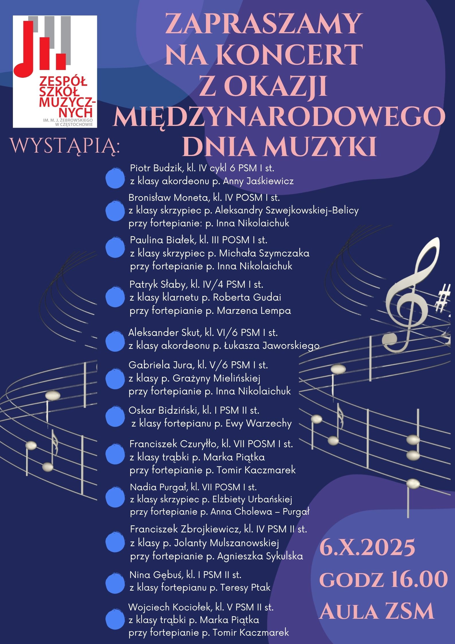 Granatowe tło, logo szkoły, tekst dotyczący koncertu 6.10.2025 z okazji Międzynarodowego Dnia Muzyki o godz. 16.00