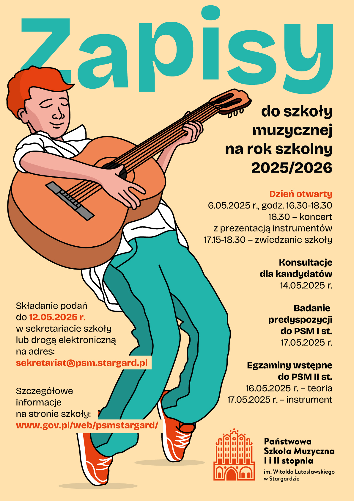 Plakat informujący o rekrutacji w roku szkolnym 2025/2026. Tło plakatu jest w kolorze miodowym. Po lewej stronie znajduje się grafika chłopca grającego na gitarze, który ubrany jest w białą koszulę, seledynowe spodnie i czerwone buty. Po prawej stronie znajdują się treści informacyjne o Dniu otwartym 6 maja 2025, konsultacjach dla kandydatów 14 maja 2025 oraz egzaminach wstępnych 16 i 17 maja 2025. 