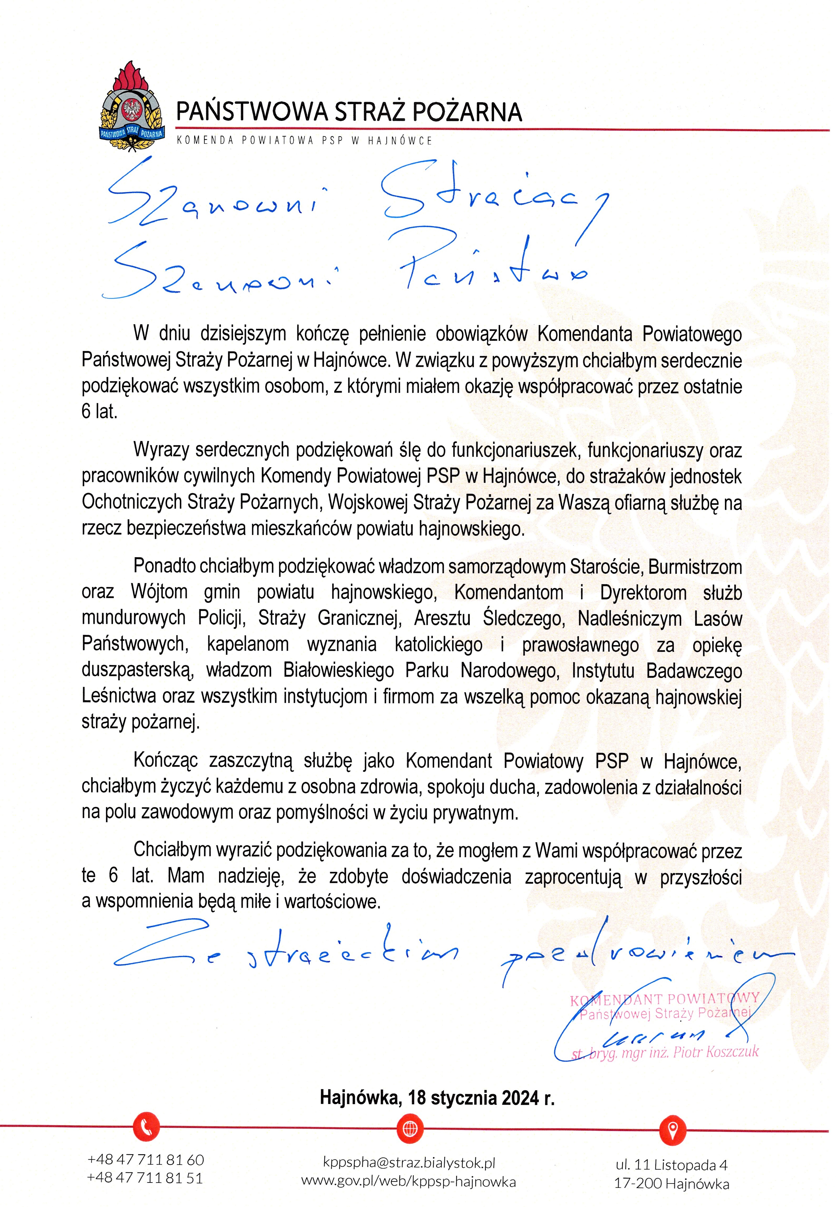 Podziękowanie Komendanta Powiatowego PSP w Hajnówce za służbę i współpracę.
