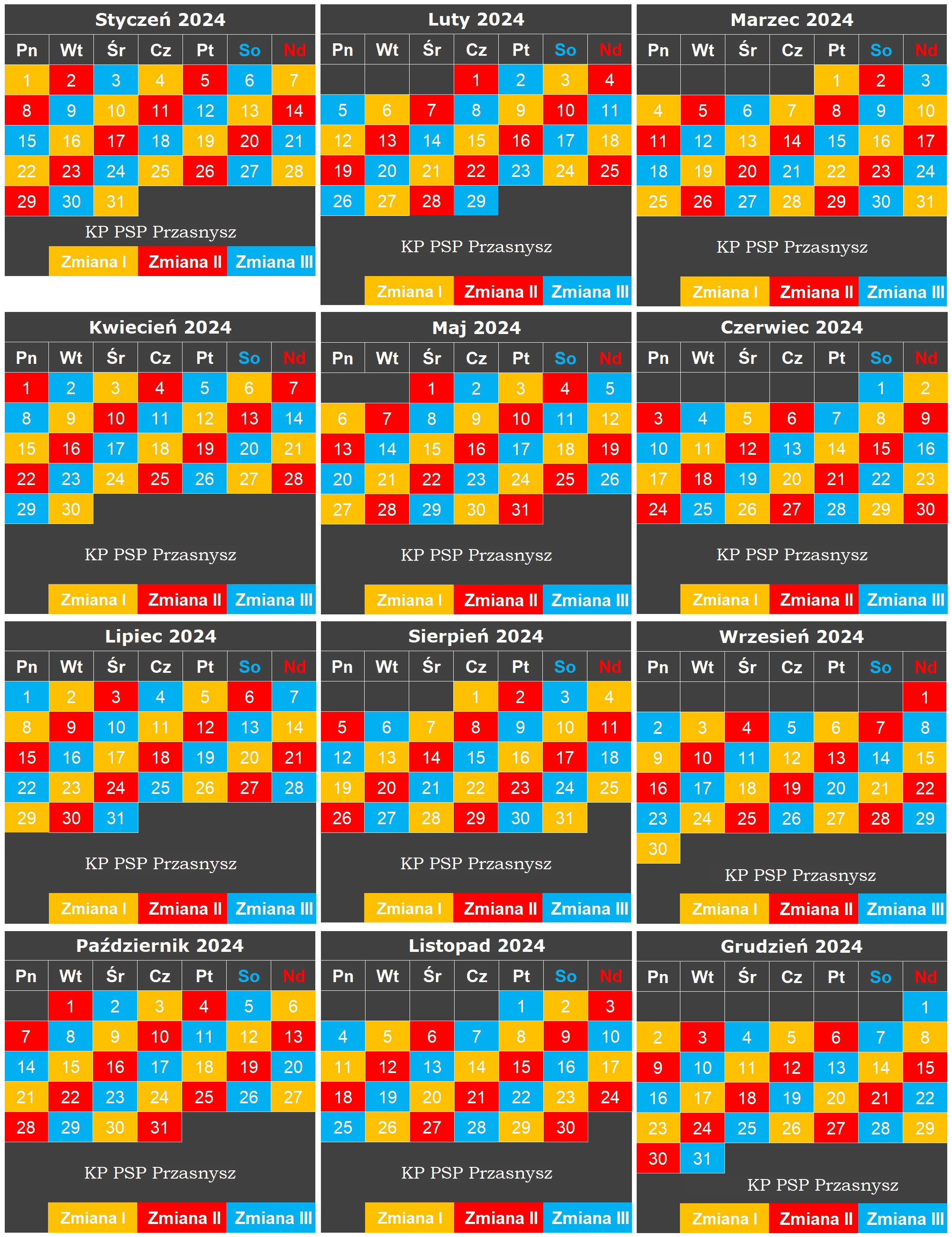Kalendarz zmianowy PSP 2024