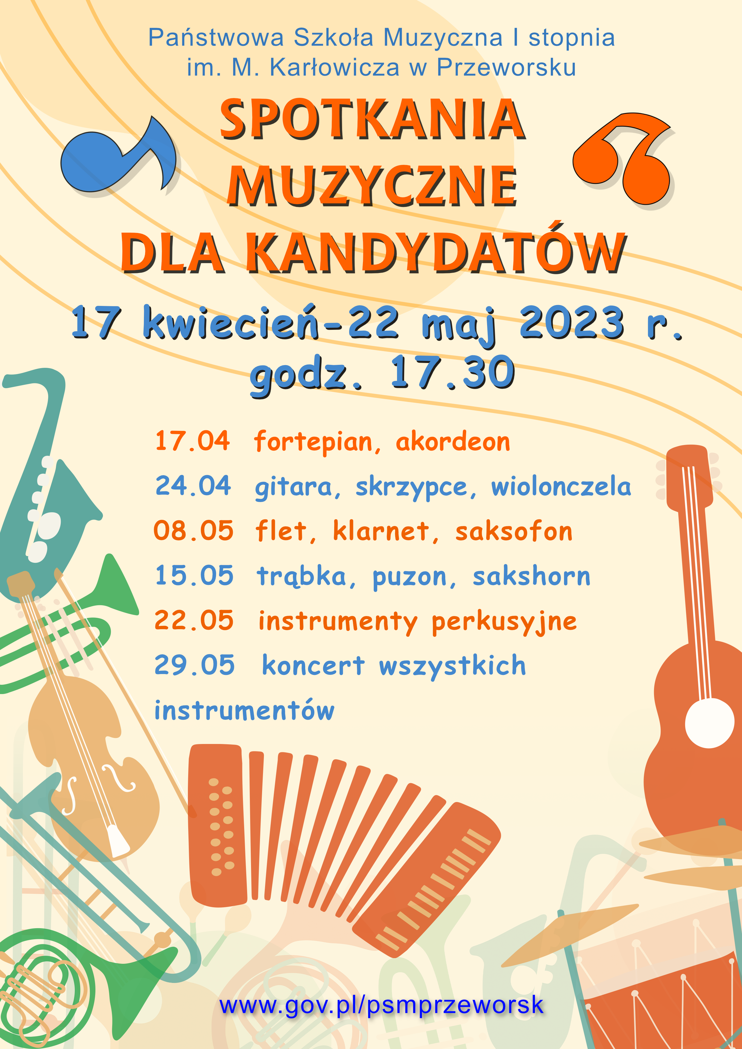 Plakat informujący o cyklicznych spotkaniach muzycznych, na których prezentowane jest instrumentarium PSM I st. w Przeworsku.