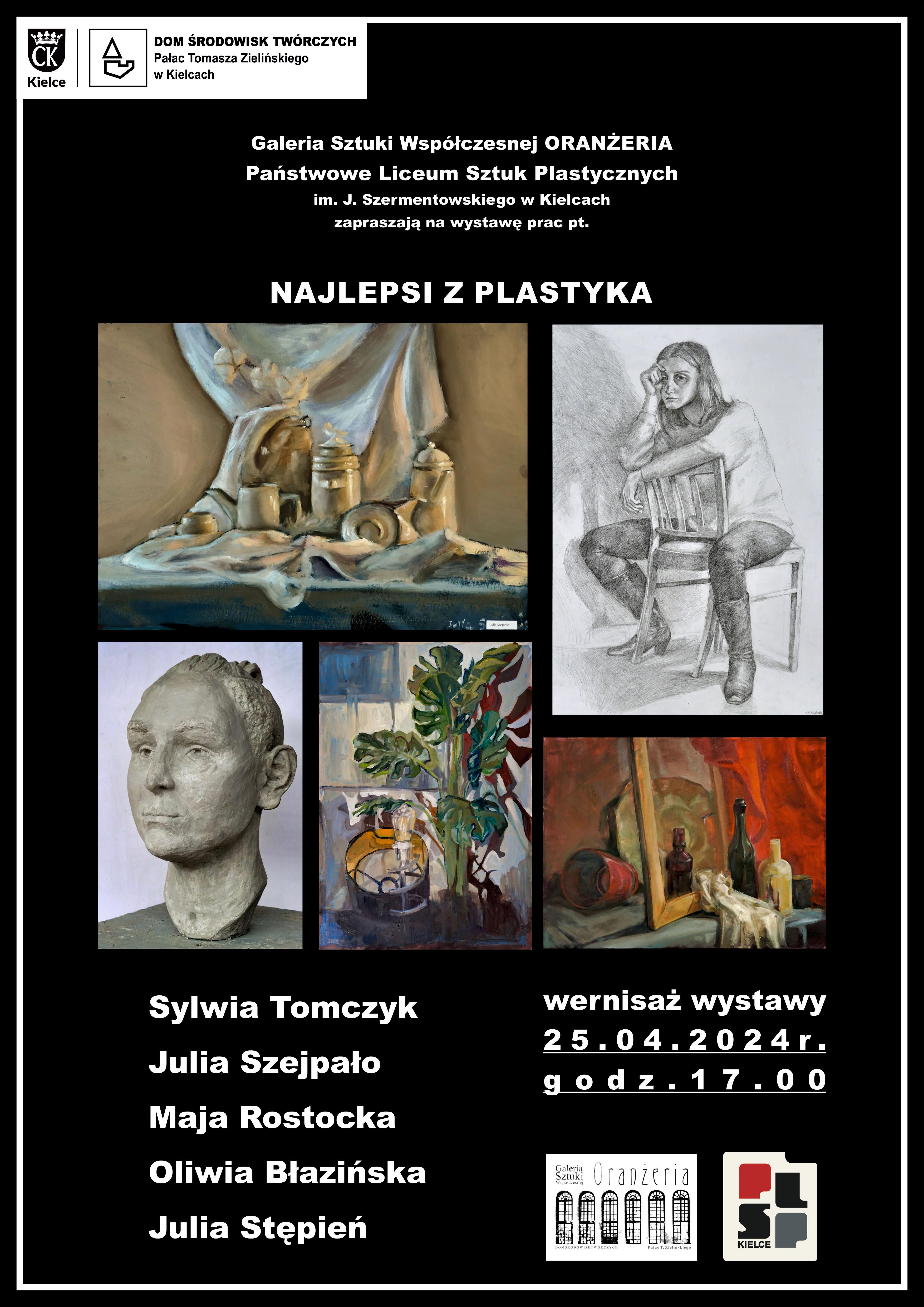 zdjęcie przedstawia wybrane kolorowe i czarno-białe prace naszych uczniów - wszystko to w formie plakatu - obok zdjęć napisy w kolorze białym wymieniające nazwiska uczniów i nazwę kieleckiego plastyka oraz nazwę galerii