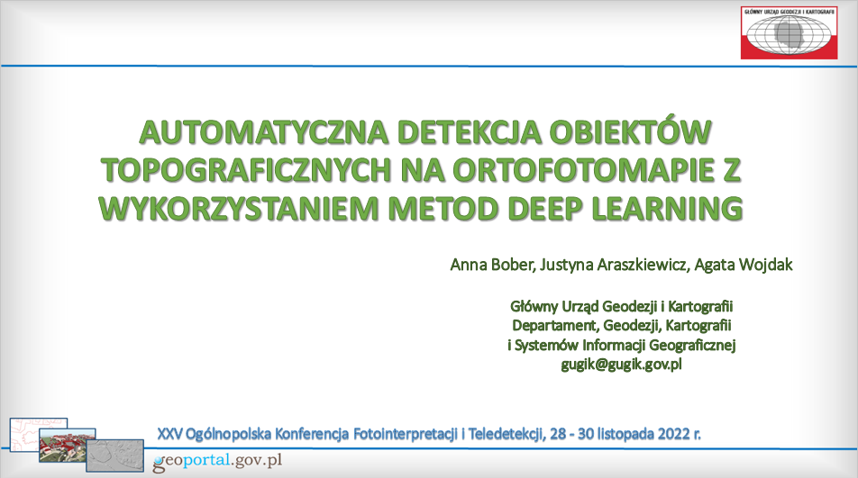 zdjęcie przedstawia stronę tytułowa prezentacji pt. "Automatyczna detekcja obiektów topograficznych na ortofotomapie z wykorzystaniem metod deep learning"