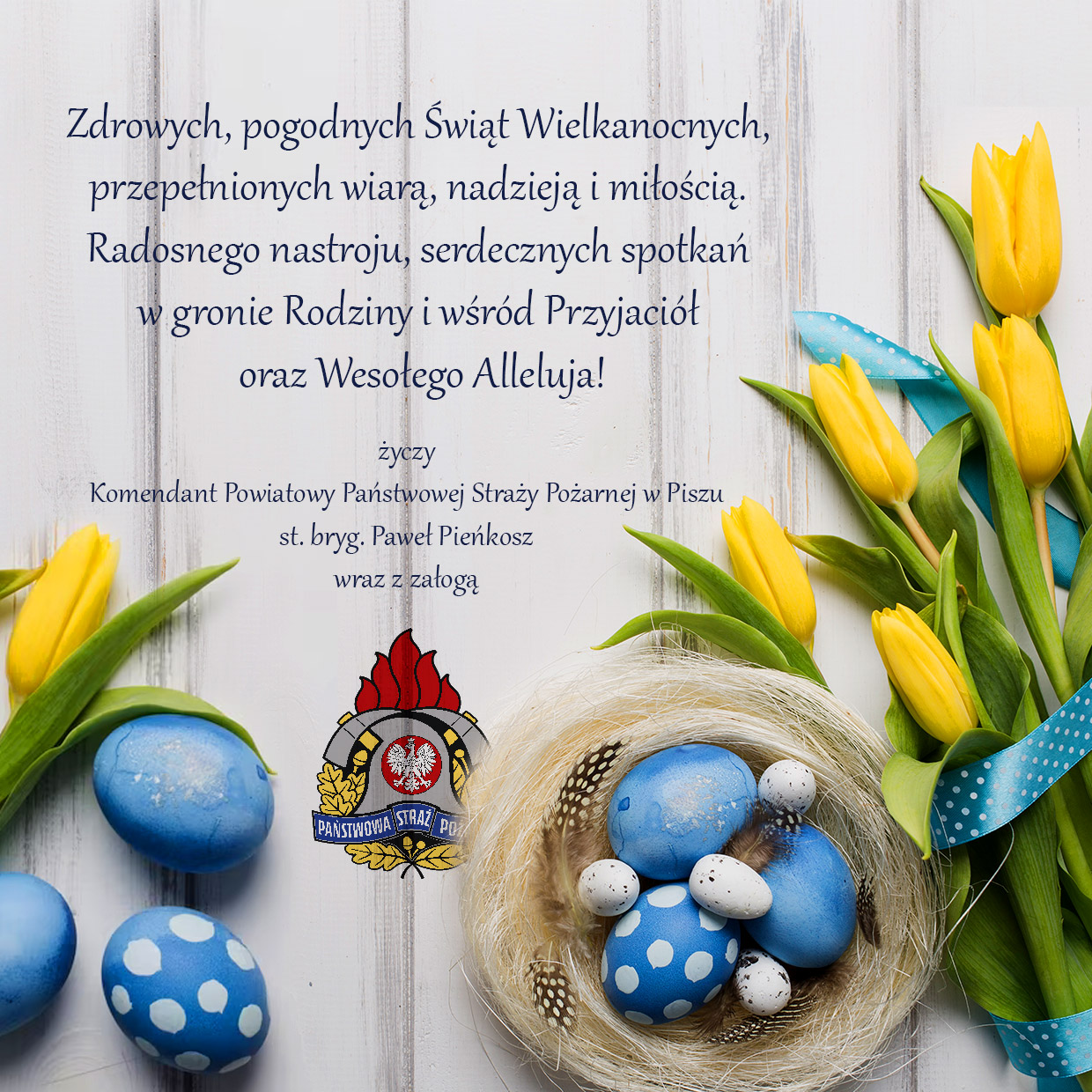 Grafika z pisankami, tulipanami i życzeniami.