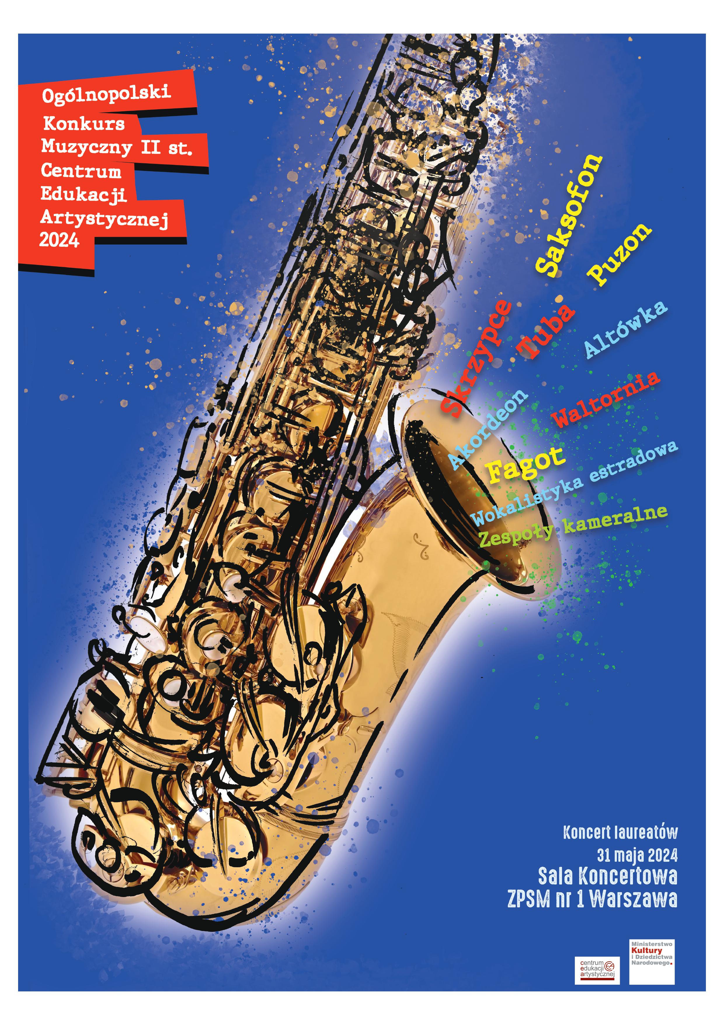 kolorowy plakat zawierający grafikę saksofonu z napisami instrumentów oraz logo Centrum Edukacji Artystycznej i MKiDN