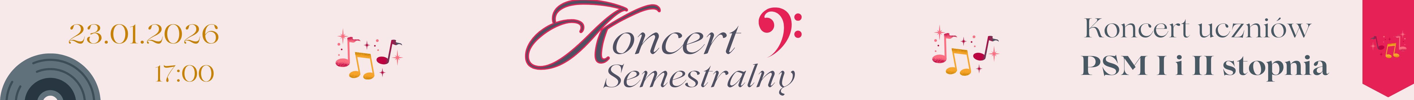 Grafika tekstowa na różowym tle przedstawiająca złote i grafitowe napisy informujące o wydarzeniu muzycznym. W centralnej części obok tytułu klucz basowy w czerwonym kolorze. Po obydwu jego stronach kolorowe nutki w towarzystwie gwiazdek. W lewym narożniku fragment płyty gramofonowej w szarym kolorze, a w prawym narożniku różowy proporzec w pionowej orientacji