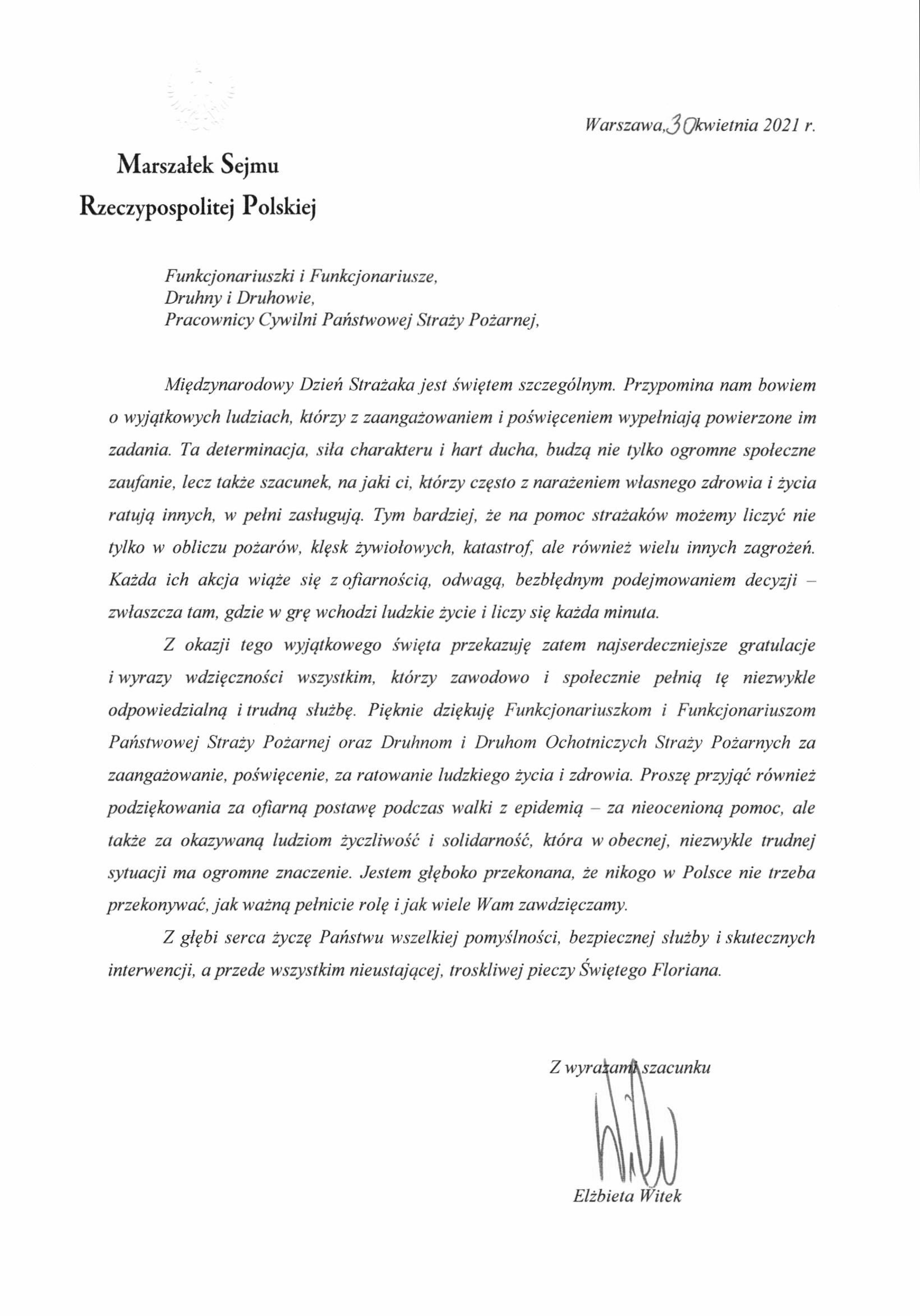 List Marszałek Sejmu