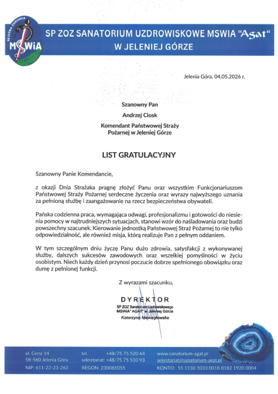 List gratulacyjny od SP ZOZ MSWIA