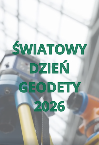 Napis Światowy Dzień Geodety na tle rozmytego zdjęcia