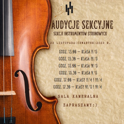 Plakat w beżowej tonacji. Lewa połowa plakatu to zdjęcie połowy skrzypiec. Druga połowa plakatu pokryta jest informacjami takimi jak. Od góry logo szkoły, poniżej pełna nazwa wydarzenia. Następnie data, godziny audycji oraz nazwa klas. Dolna część to miejsce audycji 