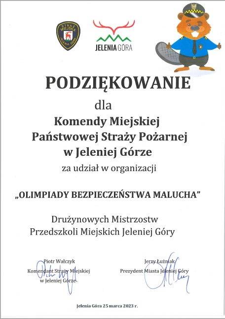 Podziękowania Olimpiada Bezpieczeństwa Malucha